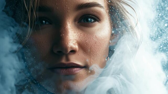 Beauty portrait of a woman emerging from translucent water mist, surrounded by suspended droplets, with luminous hydrated skin and a bright blue and white environment.
