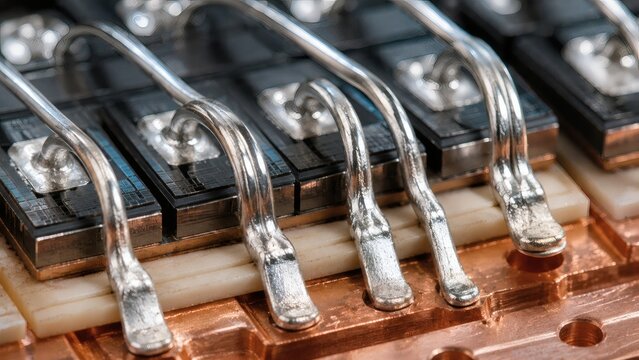 Extreme Macro Detail of Direct Bonded Copper DBC Substrate and Wire Bonds in SiC Power Module