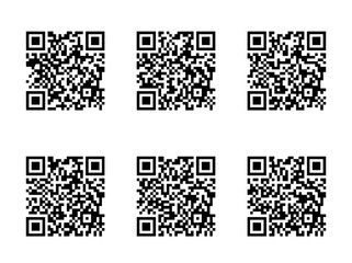 Fototapeta premium QR code collection with 6 unique vector icons. Digital barcode set for mobile scanning. Black and white matrix symbols for marketing.