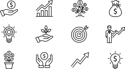 Naklejka premium Set of hand drawn business and finance icons featuring growth investment and money management concepts
