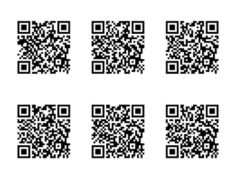QR code collection with 6 unique vector icons. Digital barcode set for mobile scanning. Black and white matrix symbols for marketing.