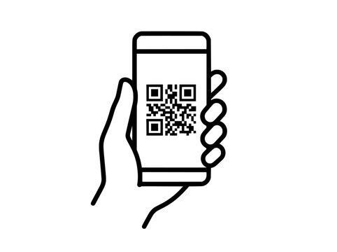 Minimalist hand holding smartphone with QR code, mobile scanning vector icon, digital payment and contactless technology illustration