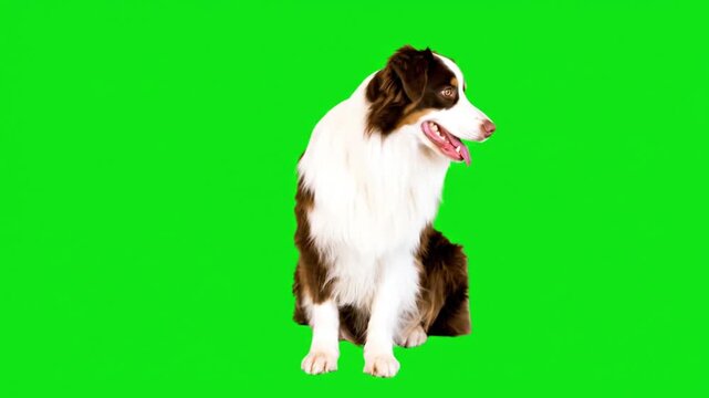 Australian shepherd dog sitting down and looking around on a green screen chroma key background
