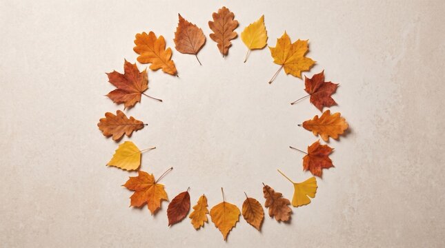 Circular frame made of colorful autumn leaves on a light neutral background.
