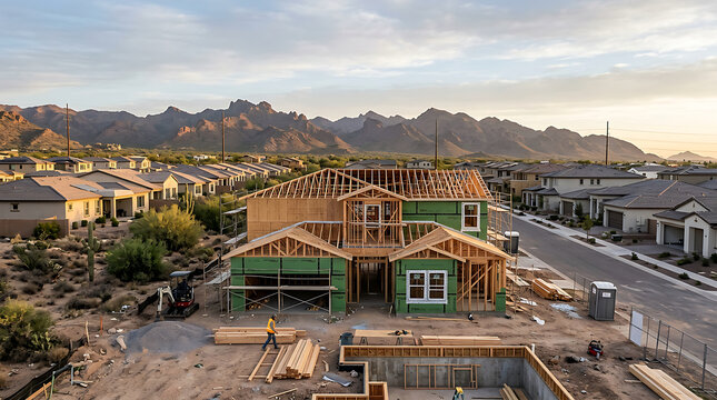 Residential house under construction with wooden frame.