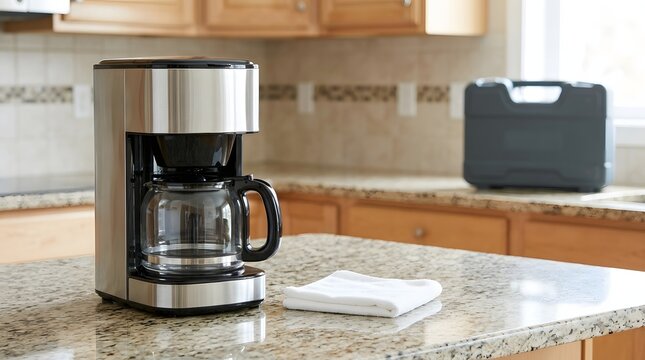 Stainless Steel Drip Coffee Maker Displayed on Granite Kitchen Island