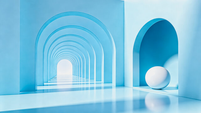 A minimalist interior scene featuring a repeating light blue arched corridor and a glossy white sphere, creating a calm, geometric space.