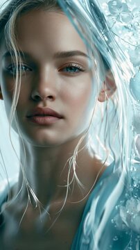 Campaign beauty photograph of a young woman beside a transparent glass skin sculpture filled with liquid light, water droplets, flowers and translucent textures in a bright studio.