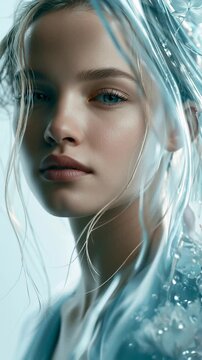 Campaign beauty photograph of a young woman beside a transparent glass skin sculpture filled with liquid light, water droplets, flowers and translucent textures in a bright studio.