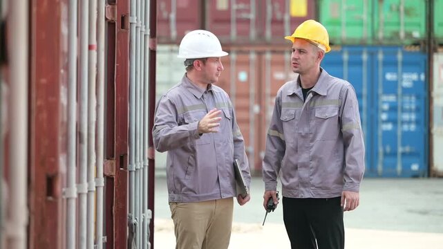Two professional male logistics workers analyze digital supply chain data on a laptop while discussing freight transport operations standing near large commercial shipping cargo containers.