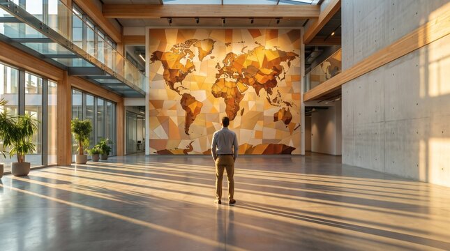 Businessman standing in modern office lobby looking at a large world map wall mural