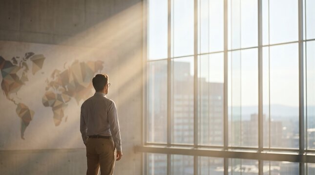 Businessman looking through office window at city skyline with world map on wall