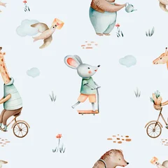 Hand-drawn seamless watercolor pattern with giraffe riding a bike and and mouse on scooter bird. Whimsical pastel design bear background for nursery in gentle pastel color. Children trendy wallpaper © kris_art