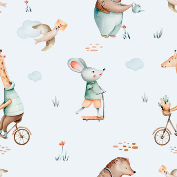 Hand-drawn seamless watercolor pattern with giraffe riding a bike and and mouse on scooter bird. Whimsical pastel design bear background for nursery in gentle pastel color. Children trendy wallpaper