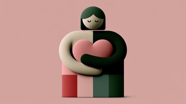 Minimalist animated character representing self love, gently hugging a large pink heart, symbolizing mental health, inner peace, well being, and emotional wellness on a soothing pink background