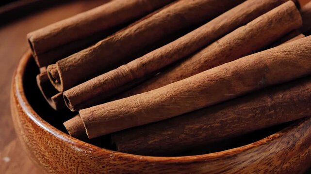Dried Cinnamon Sticks Spinning in a Wooden Bowl