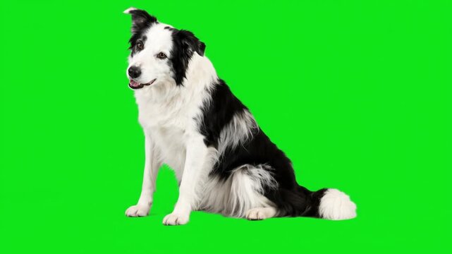 Border collie dog sitting down and looking around on a green screen chroma key background