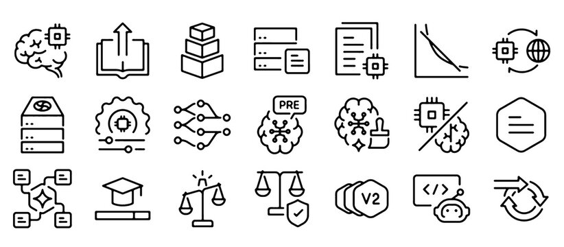 Artificial Intelligence and Large Language Model Training Line Icon Set. AI Prompt Engineering and Coding Technology. Vector Illustration.