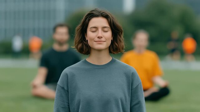Serene young woman with eyes closed meditating during a group yoga session in a park, finding her inner peace and tranquility while practicing mindfulness and deep breathing for stress relief