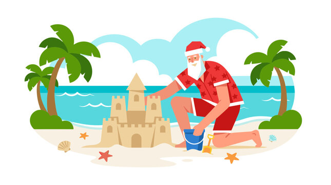 Vector illustration of Santa Claus on a tropical beach vacation wearing a summer shirt and shorts while building a large, detailed sandcastle with a blue bucket and yellow shovel.