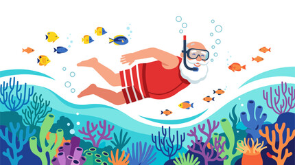 Naklejka premium Flat vector illustration of Santa Claus wearing a red swimsuit and snorkeling gear swimming underwater in a clear tropical sea with colorful coral reefs and exotic fish.