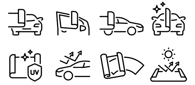 Car Wrapping and Vehicle Protection Line Icon Set. Automotive Vinyl Wrap and Customization Service Vector Illustration.