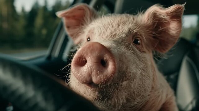 Funny pink piglet with a wet snout sitting inside a moving car and looking directly at the camera with curiosity. Adorable farm animal enjoying a ride while traveling on a road trip adventure