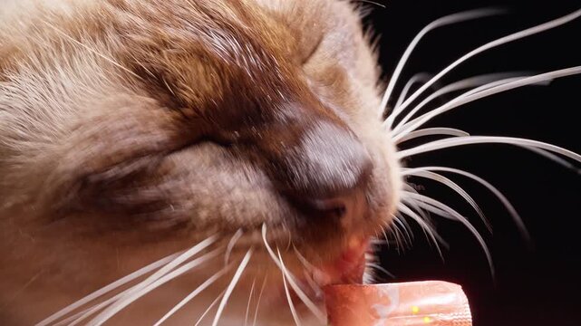 Siamese Cat Licks A Frozen Treat Against A Black Background, Extreme Closeup Highlights Tongue, Whiskers, And Pet Care