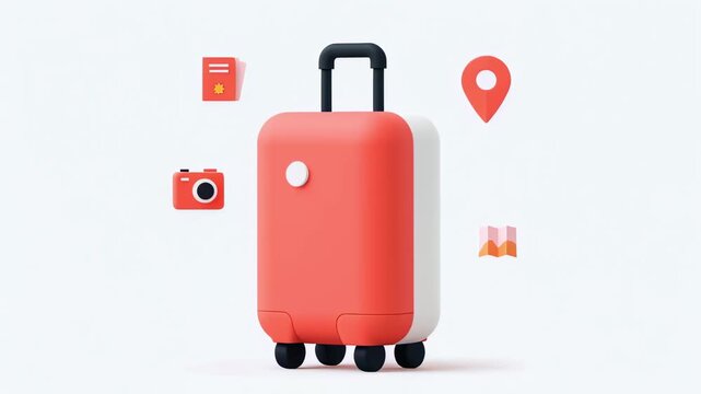 Minimalist 3d animation showing a red suitcase rotating on a clean white background, surrounded by floating icons for travel, including a passport, camera, map, and location pin