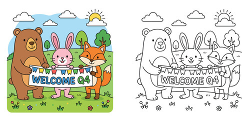 Fototapeta premium Cute cartoon bear bunny and fox holding welcome Q4 banner, colorful artwork and black and white coloring page illustration