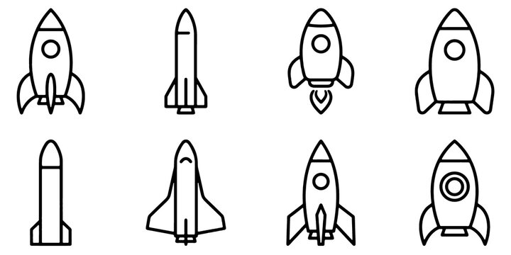 Rocket and Spaceship Line Icon Set. Space Exploration, Startup Launch and Future Technology Vector Illustration.