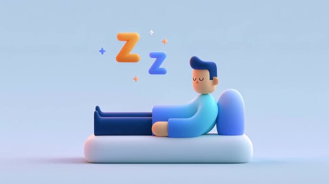 Adorable 3d cartoon character sleeping soundly in bed while z letters float above his head in a continuous loop, representing a good night's rest, dreaming, and deep relaxation