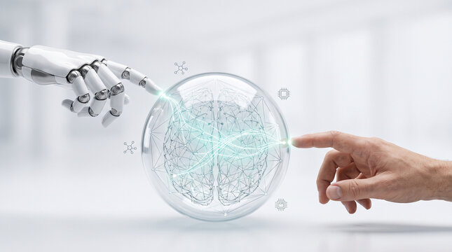 Neural network creation showing robotic and human finger connecting with glowing digital sphere representing global tech innovation and synergy