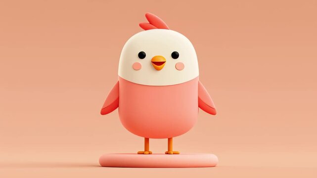 Adorable 3d cartoon chicken performing a happy dance on a pink podium. This funny and cute bird character is animated in a seamless loop, ideal for children's content and joyful concepts