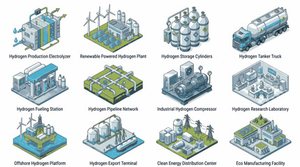 Fototapeta premium Isometric illustration of various hydrogen energy production, storage, and distribution systems.