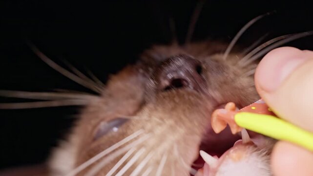 Siamese Ferret Eats a Soft Treat From Yellow Tweezers Against a Black Background, Extreme Macro View of Pet Feeding and Care
