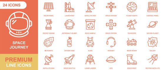 Space journey icon sheet featuring 24 linear outline of astronaut gear, celestial bodies, rockets, and extraterrestrial © Gra-fix PNG