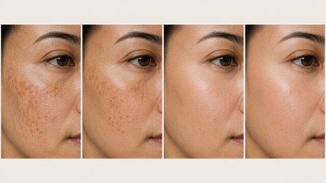 Four steps comparison of skin hyperpigmentation fading progress on female cheek close up view.