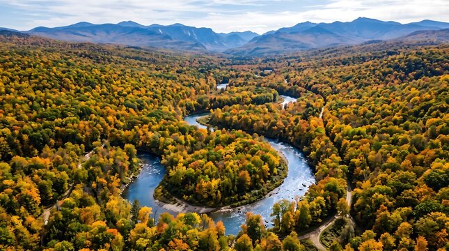 Winding blue river curves through dense autumn forest with yellow and orange foliage trees.