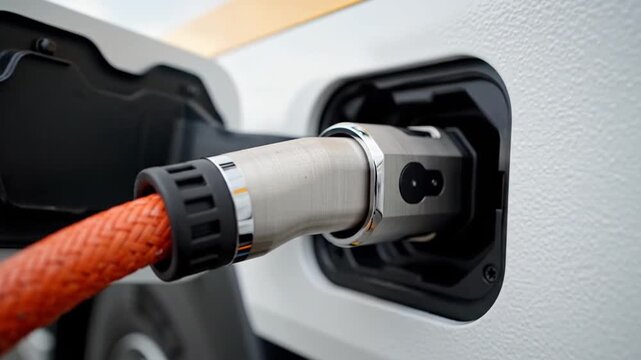 Electric truck charging with robust orange power cable plugged into white commercial vehicle port