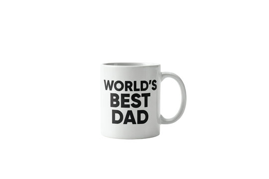White ceramic coffee mug with black text reading worlds dad printed on the side of the cup isolated on a transparent background