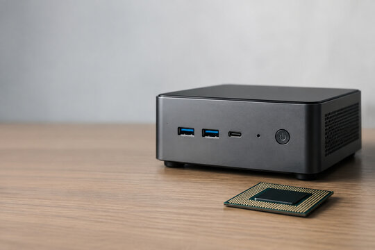 Mini PC with computer chip on desk, technology and compact computing concept