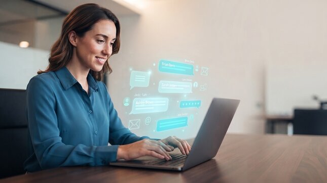 Professional woman typing on laptop with holographic chat bubbles in modern office workspace.