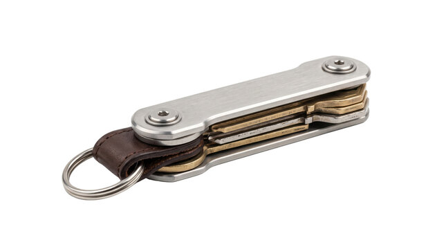 Minimalist metal key organizer with leather strap, compact silver key holder tool, modern everyday carry accessory on white background
