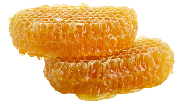 Two stacked golden honeycomb pieces with dripping liquid honey