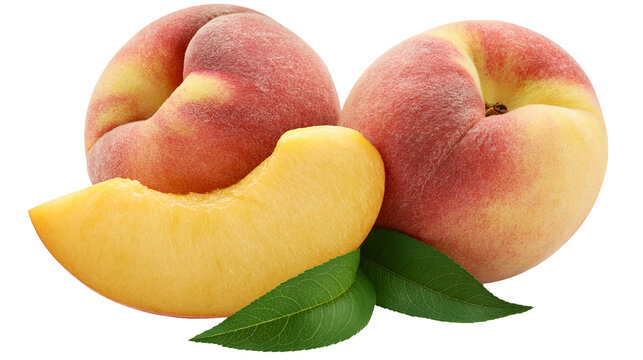 Two whole ripe peaches and one fresh sliced peach wedge with green leaves