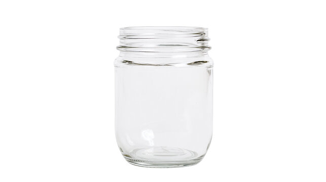 Empty clear glass mason jar with threaded rim for canning and food storage