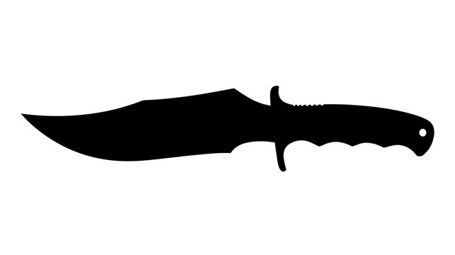 Black silhouette of a sharp survival bowie knife with a curved blade and handle