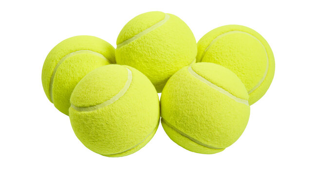 Five bright neon yellow fuzzy tennis balls arranged in a cluster