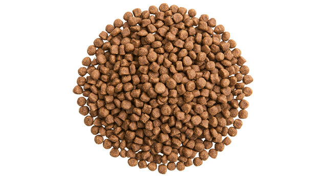 Round pile of brown dry crunchy pet food kibble pellets